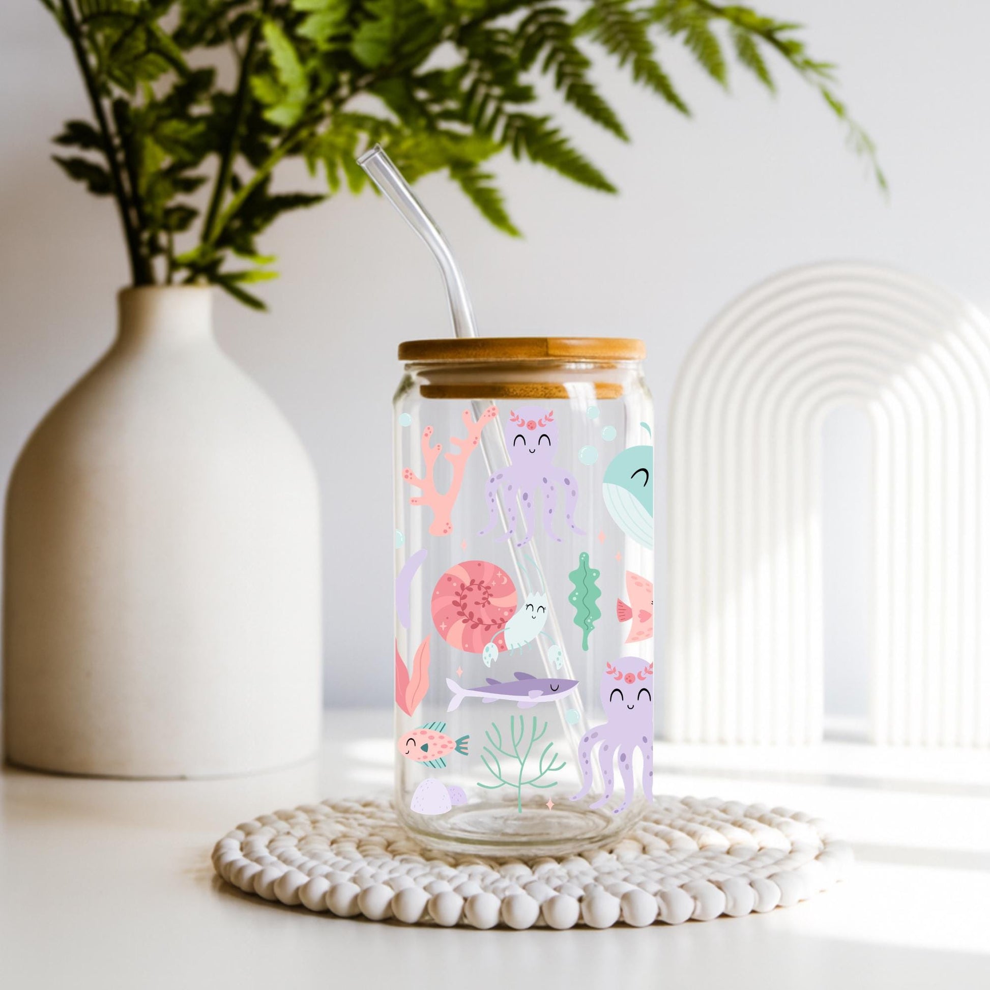 Sea life iced coffee glass with octopus, whale and coral design, aesthetic ocean Libbey glass cup with bamboo lid
