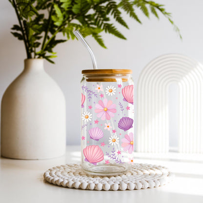 Spring Book Lover Glass Cup with Bamboo Lid and Glass Straw, Floral Reading Libbey Can Glass, Aesthetic Iced Coffee Cup, Cute Bookish Gift