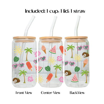 Summer Iced Coffee Glass Cup with Bamboo Lid and Glass Straw, Beach Iced Coffee Libbey Glass, Flamingo Watermelon Drinkware