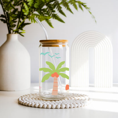 🌴 Palm Tree Design
Cute palm tree iced coffee glass cup with bamboo lid and glass straw, tropical beach Libbey style glass tumbler