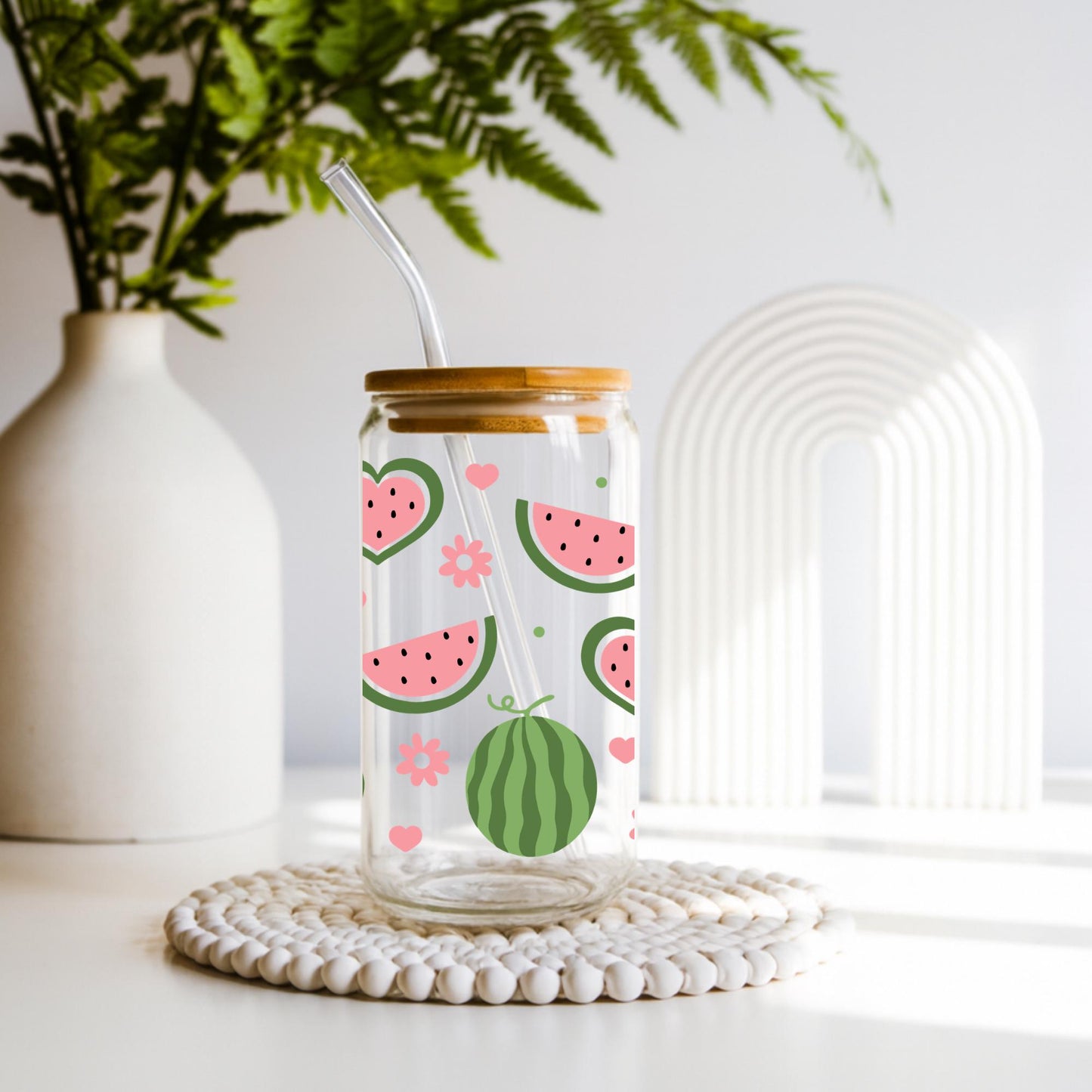 🍉 Watermelon Design
Watermelon iced coffee glass cup with bamboo lid and glass straw, summer fruit Libbey style glass tumbler