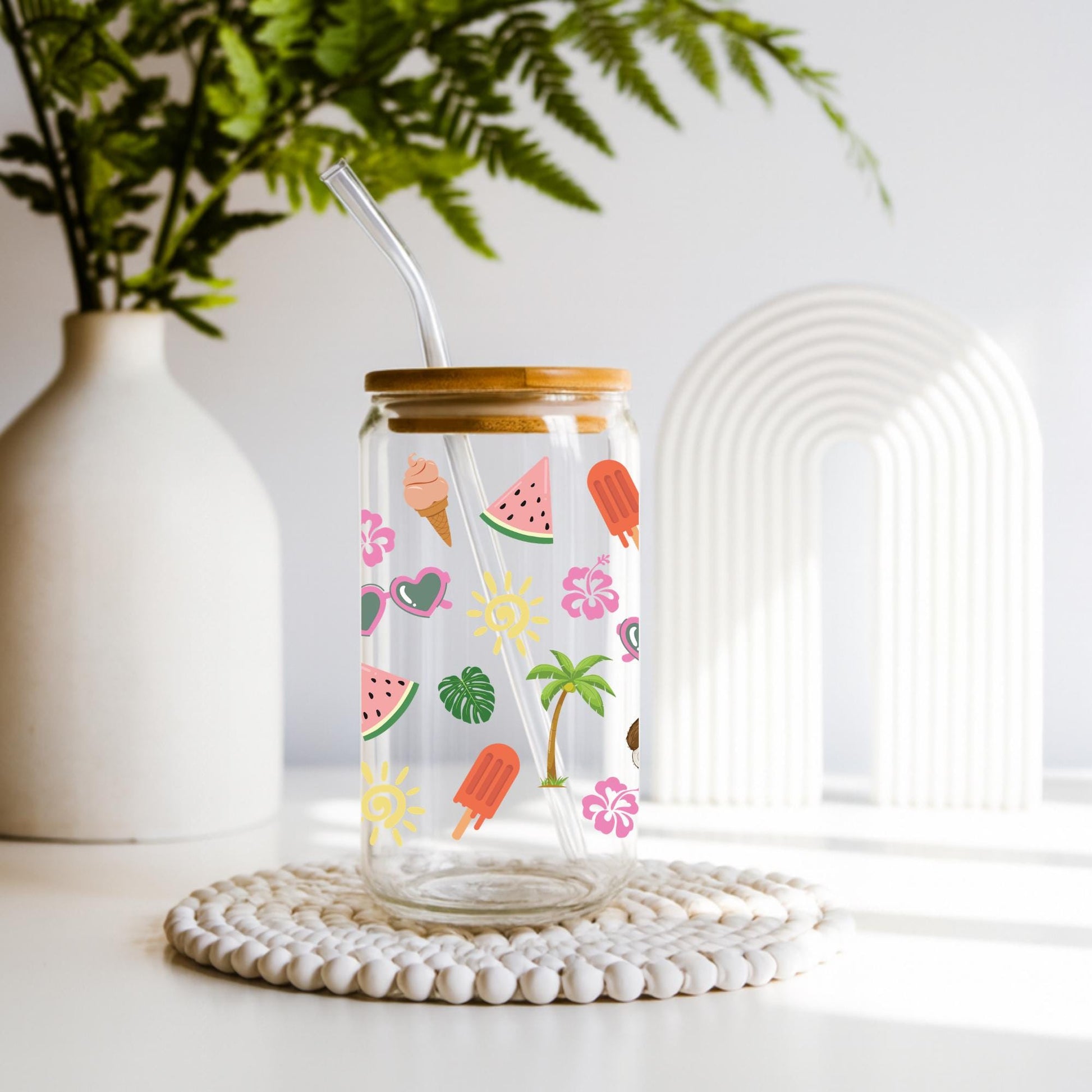 ☀️ Summer Beach Icons Design
Summer beach iced coffee glass cup with palm tree, popsicle and watermelon design, Libbey style glass with bamboo lid and straw