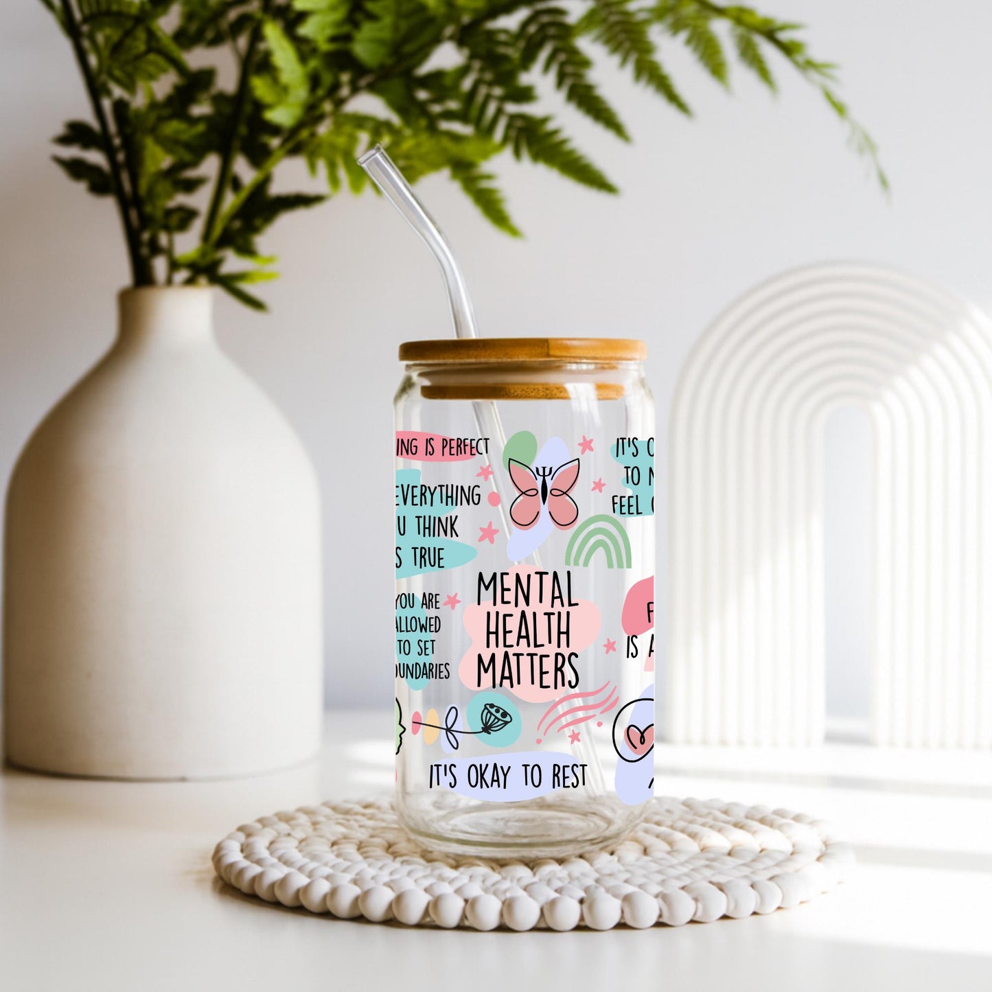 Mental health affirmations glass cup with inspirational quotes, 20 oz glass tumbler with bamboo lid and reusable glass straw, therapy gift, motivational drinkware