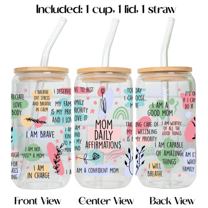 Affirmation Glass Cup for Mom Dad or Kids, Positive Affirmation Tumbler with Bamboo Lid and Glass Straw