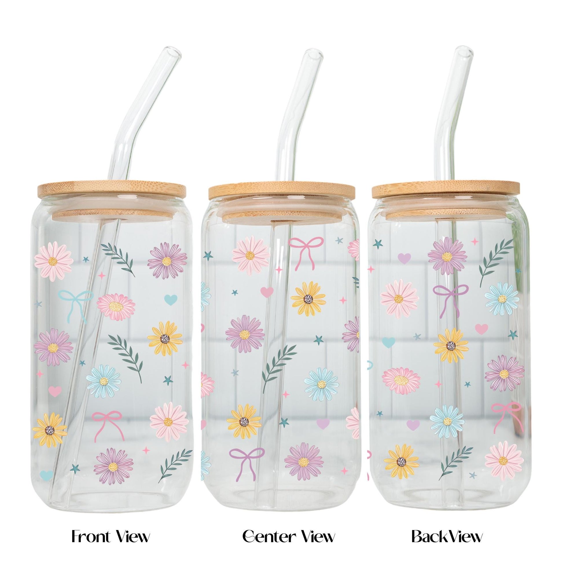 Pastel daisy coquette glass cup with bows and flowers, aesthetic iced coffee glass tumbler with bamboo lid and glass straw