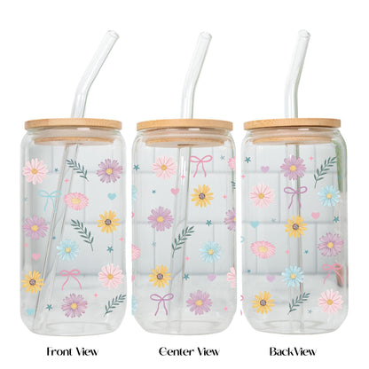 Pastel daisy coquette glass cup with bows and flowers, aesthetic iced coffee glass tumbler with bamboo lid and glass straw