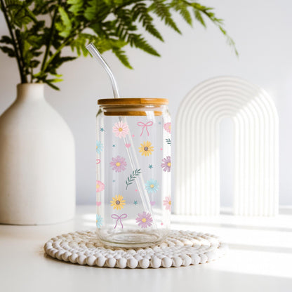 Coquette daisy glass cup with pastel flowers and bows, aesthetic 20 oz glass tumbler with bamboo lid and glass straw, cute floral iced coffee cup, cottagecore drinkware gift
