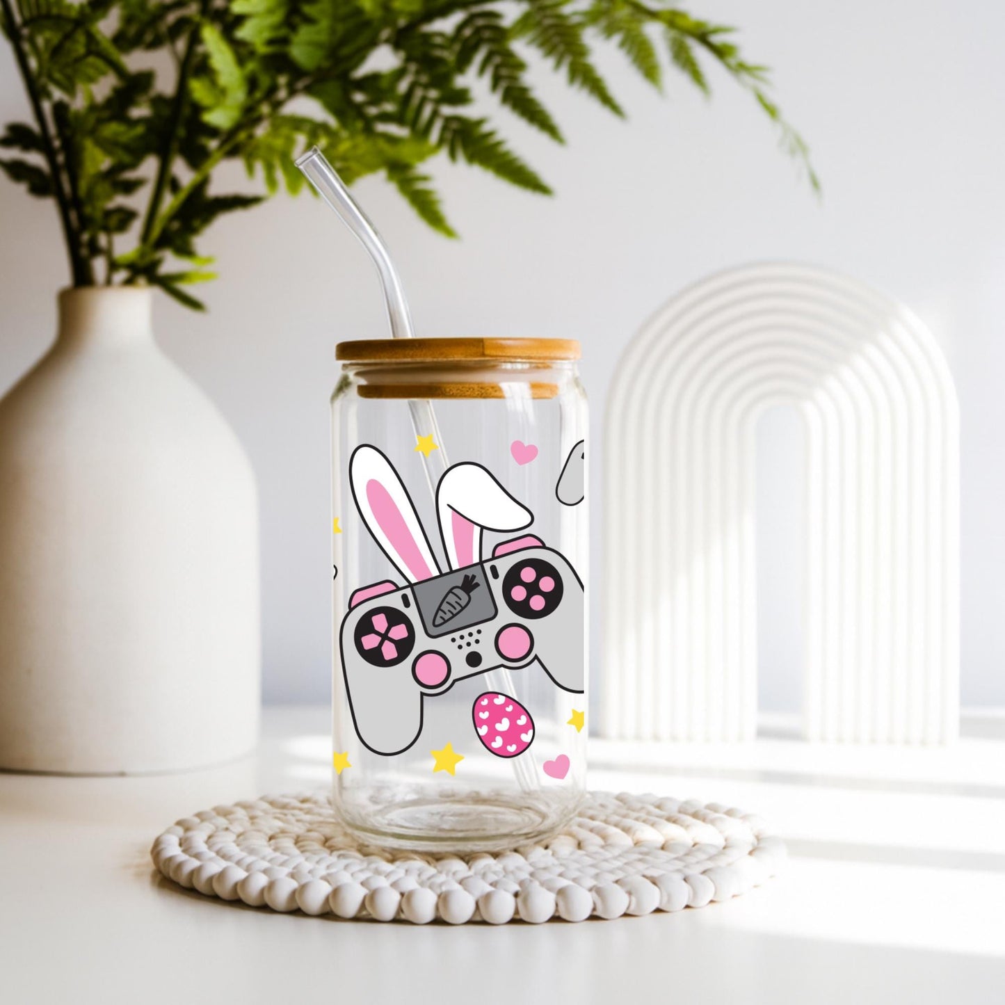 Cute Easter bunny gamer glass cup with bamboo lid and glass straw, 20oz aesthetic iced coffee tumbler