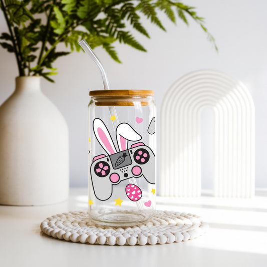 Cute Easter bunny gamer glass cup with bamboo lid and glass straw, 20oz aesthetic iced coffee tumbler