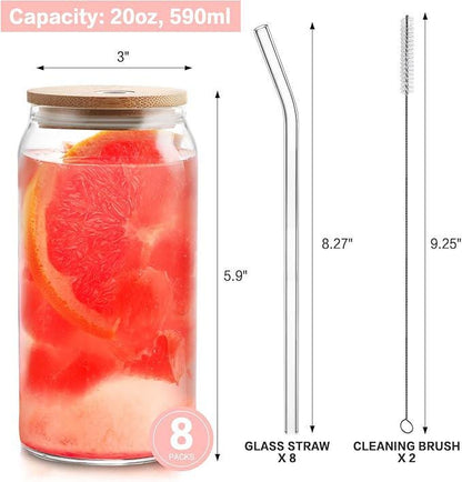 Watermelon Glass Cup 20oz with Bamboo Lid and Glass Straw, Cute Summer Fruit Iced Coffee Cup, Aesthetic Glass Can Tumbler for Women