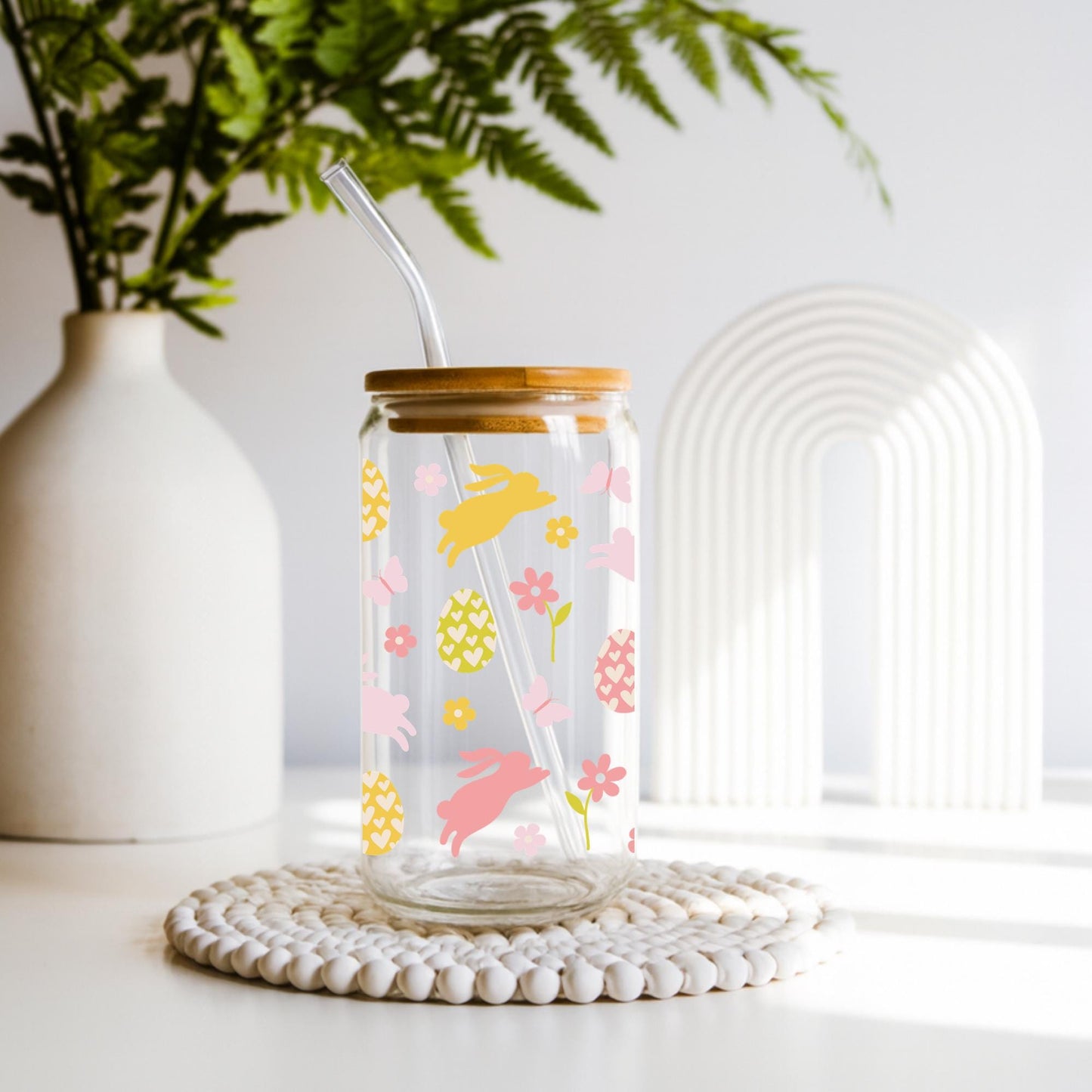 Cute Bunny Gamer Glass Cup, Easter Aesthetic Tumbler 20oz, Iced Coffee Glass with Bamboo Lid and Straw, Gamer Girl Gift, Pastel Drinkware