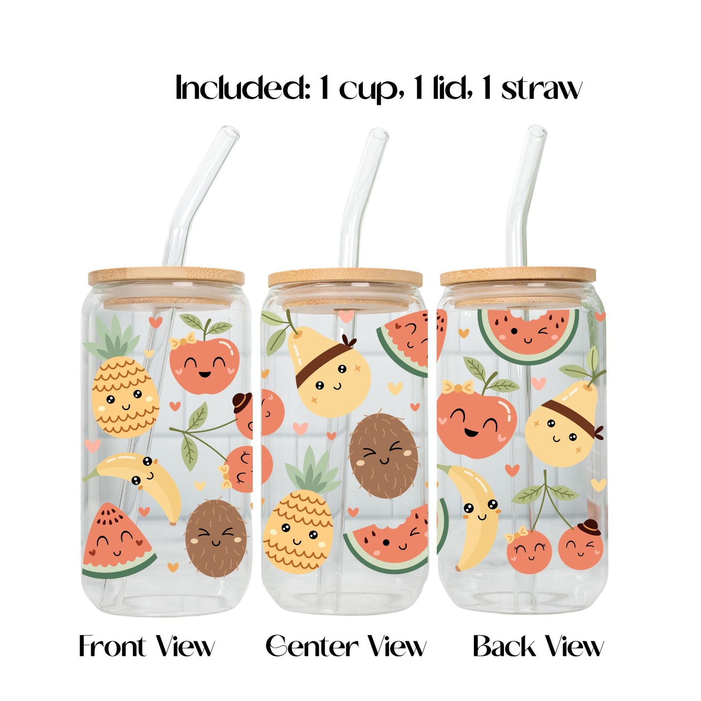 Groovy Summer Fruits Aesthetic Iced Coffee Cup 20oz, Cute Reusable Glass Tumbler with Lid and Straw