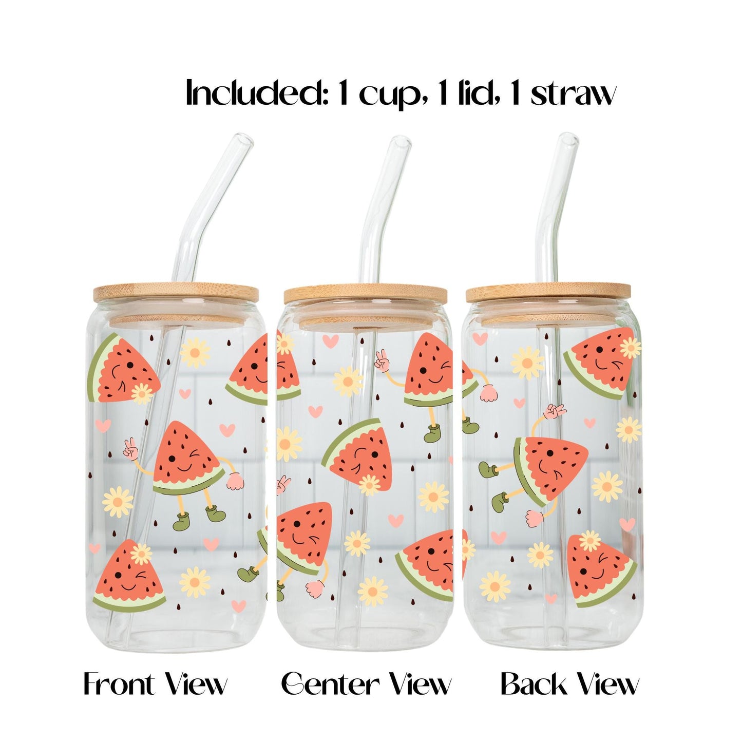 Groovy Summer Fruits Aesthetic Iced Coffee Cup 20oz, Cute Reusable Glass Tumbler with Lid and Straw