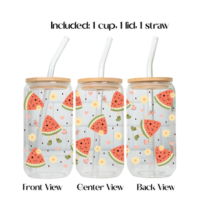 Groovy Summer Fruits Aesthetic Iced Coffee Cup 20oz, Cute Reusable Glass Tumbler with Lid and Straw