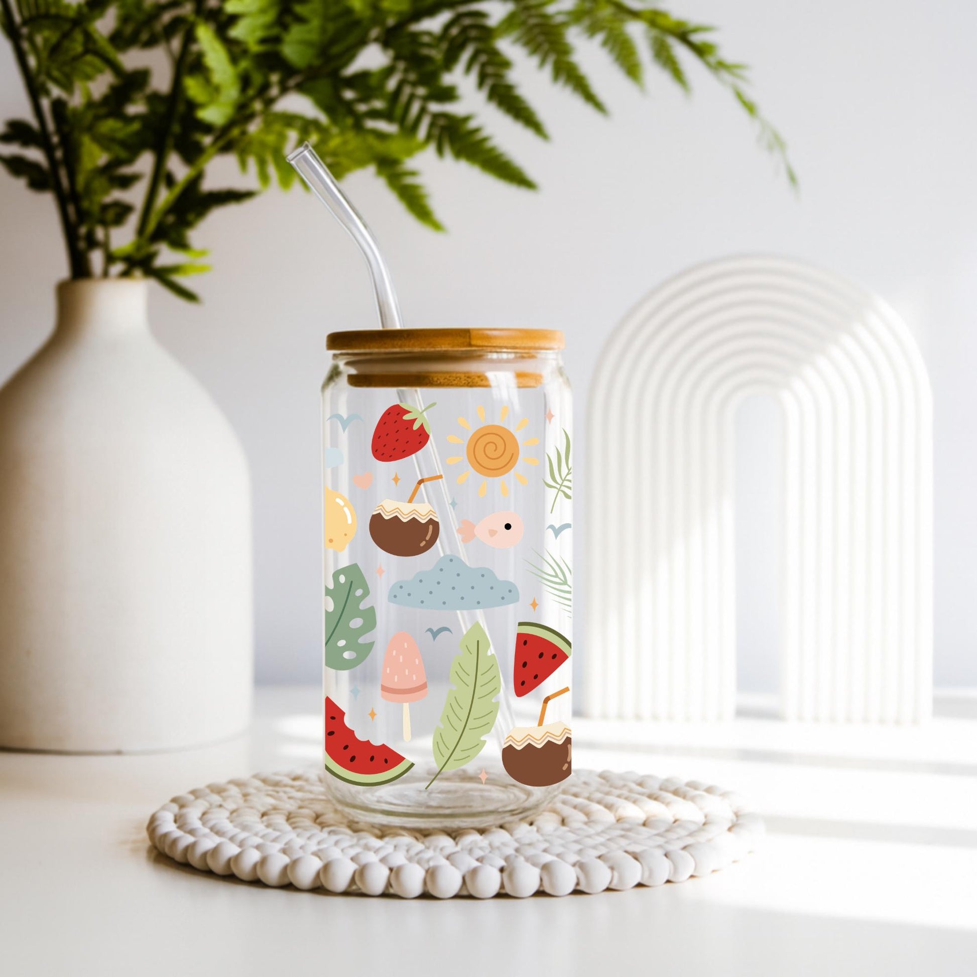 Groovy Summer Fruits Aesthetic Iced Coffee Cup 20oz, Cute Reusable Glass Tumbler with Lid and Straw
