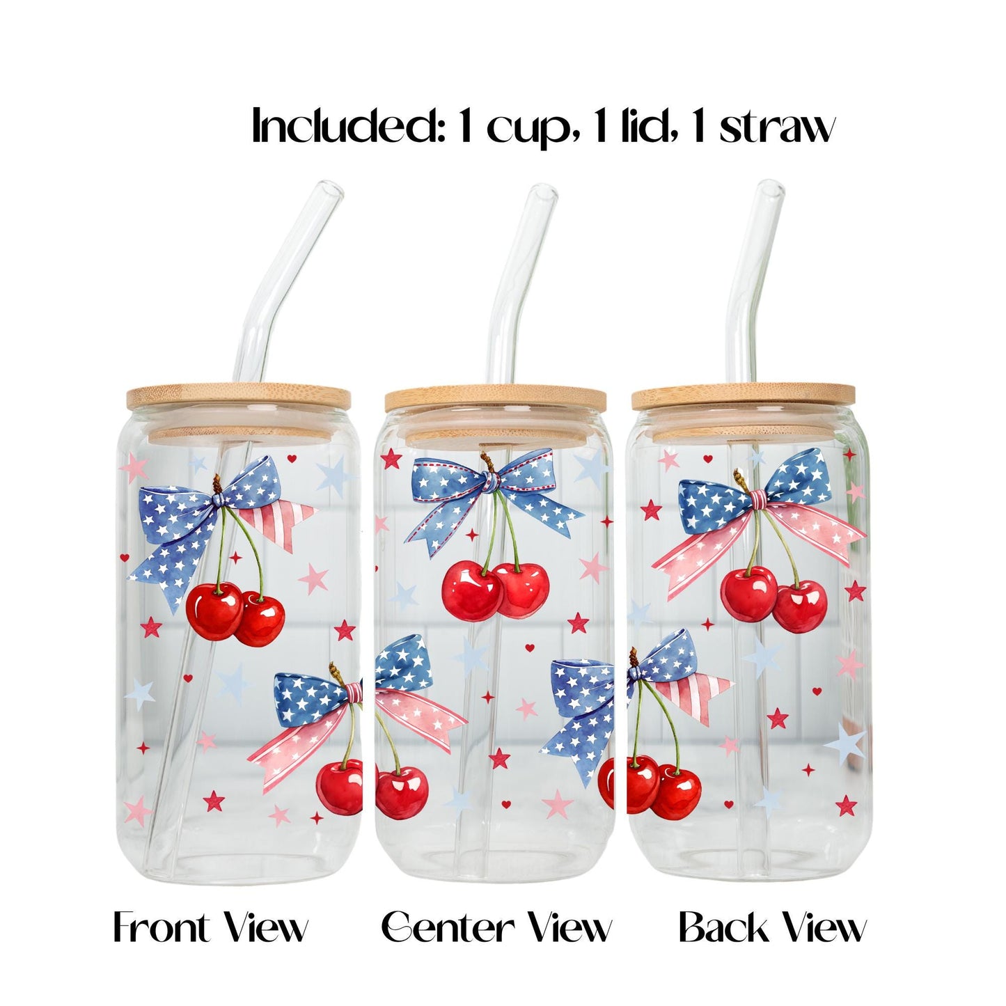 Coquette 4th of July Glass Cup 20oz with Lid and Straw, Patriotic Aesthetic Tumbler, Cute Bow Cherry Butterfly Cup, Iced Coffee Glass