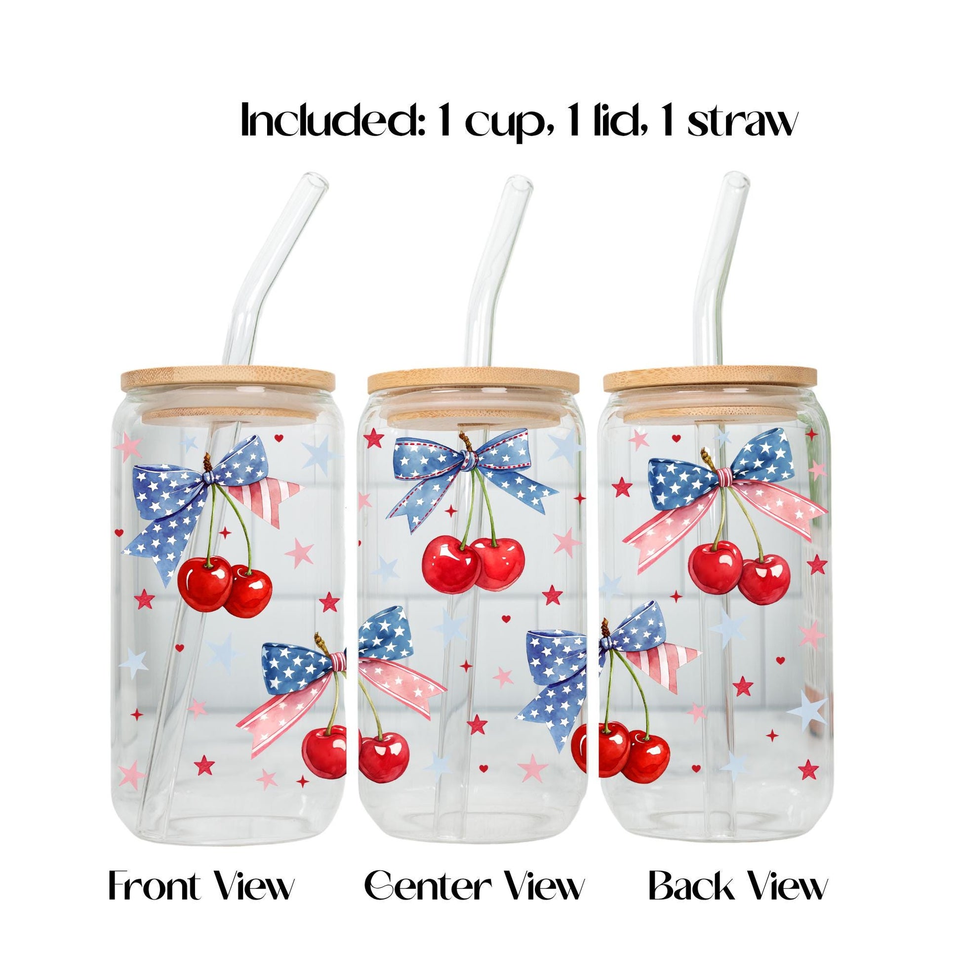 Coquette 4th of July Glass Cup 20oz with Lid and Straw, Patriotic Aesthetic Tumbler, Cute Bow Cherry Butterfly Cup, Iced Coffee Glass