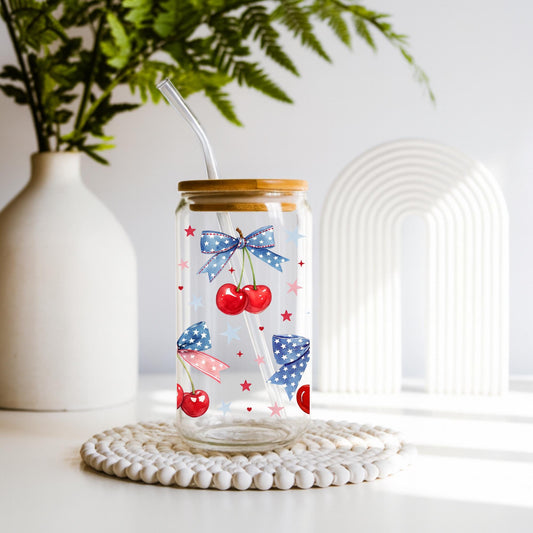 Coquette 4th of July Glass Cup 20oz with Lid and Straw, Patriotic Aesthetic Tumbler, Cute Bow Cherry Butterfly Cup, Iced Coffee Glass