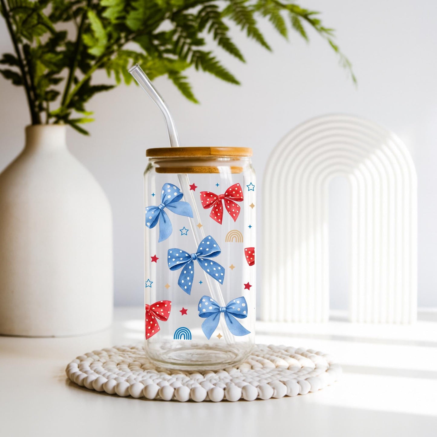 Coquette 4th of July Glass Cup 20oz with Lid and Straw, Patriotic Aesthetic Tumbler, Cute Bow Cherry Butterfly Cup, Iced Coffee Glass