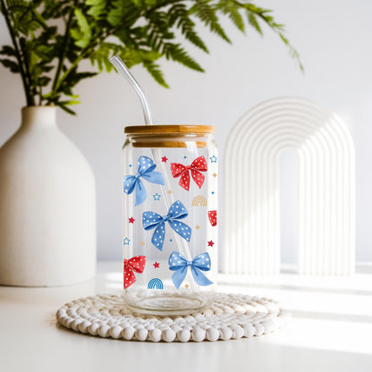 Coquette 4th of July Glass Cup 20oz with Lid and Straw, Patriotic Aesthetic Tumbler, Cute Bow Cherry Butterfly Cup, Iced Coffee Glass