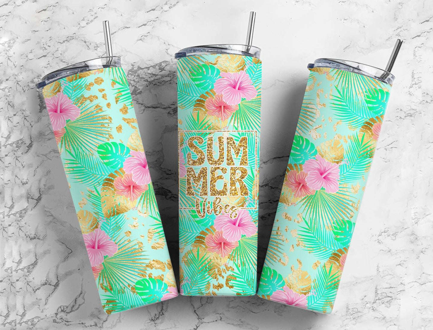 Tropical Leaves Gold Summer Tumbler