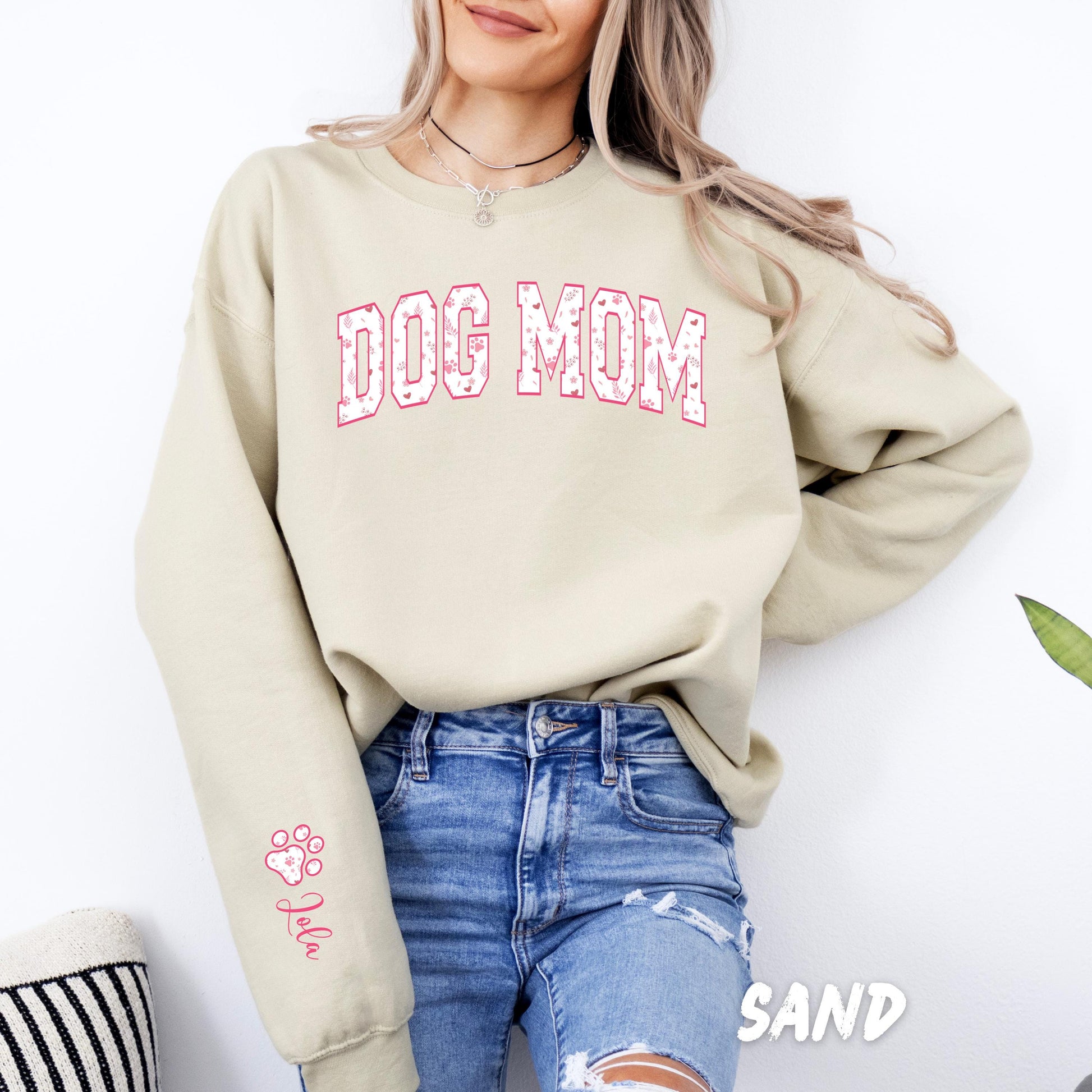 Custom Dog Mom Sweatshirt, Personalized Pet Name Sleeve Hoodie, Mother’s Day Gift for Dog Lovers