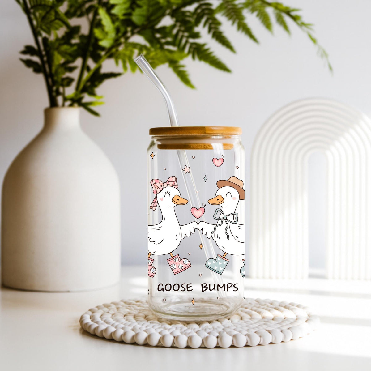Cute goose glass can cup with pink boots and flowers, bamboo lid and glass straw iced coffee tumbler, cottagecore aesthetic drinkware