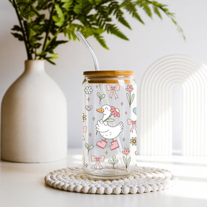 Cute goose iced coffee glass cup with bamboo lid and glass straw, floral goose Libbey style can glass, aesthetic cottagecore drinkware, reusable iced coffee tumbler