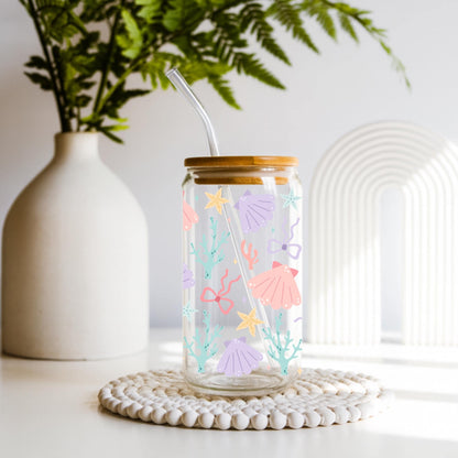 Cute ocean animals glass cup with bamboo lid and glass straw, pastel sea creature Libbey iced coffee glass, beach aesthetic drinkware