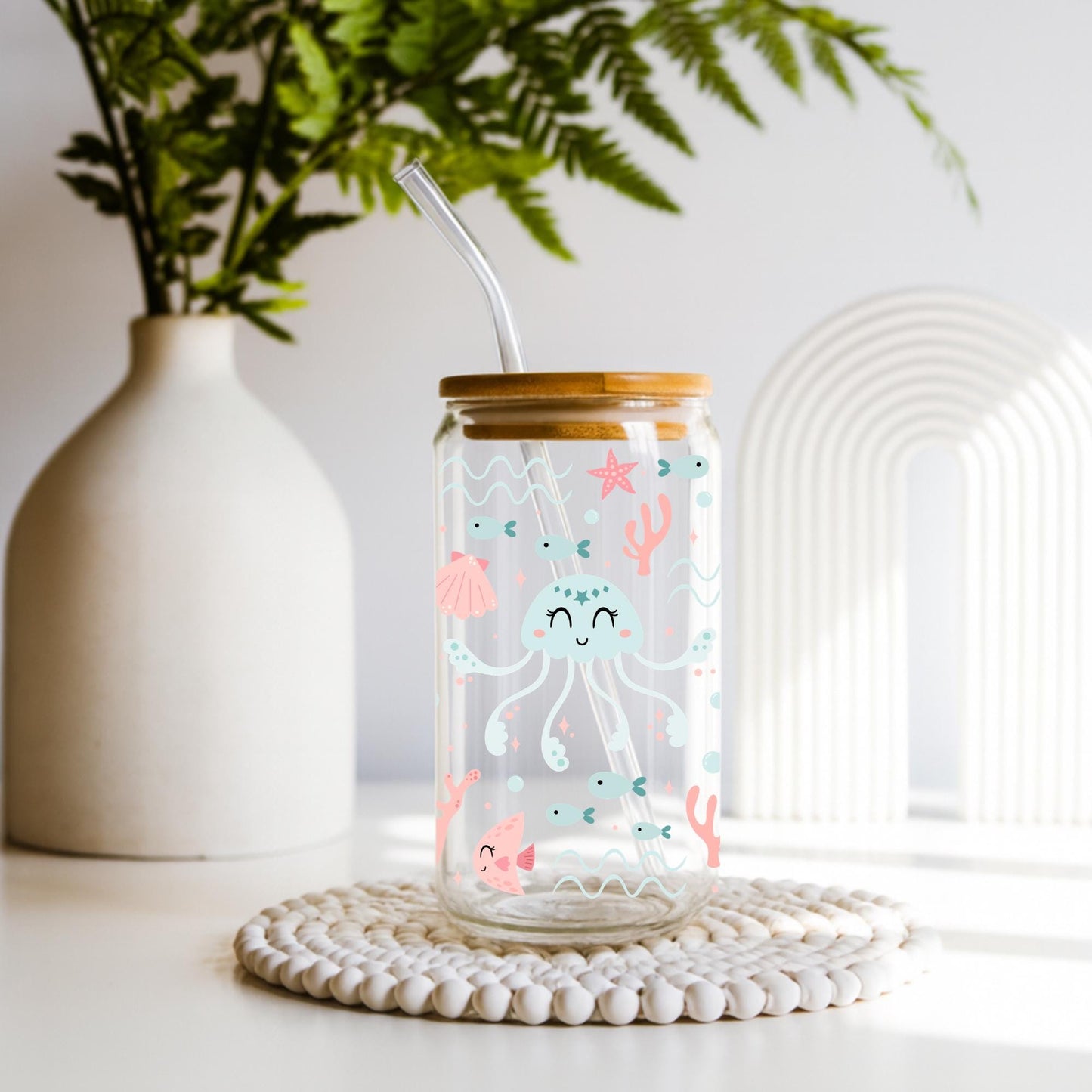 Pastel ocean animal Libbey glass cup with bamboo lid and glass straw, cute beach aesthetic iced coffee drinkware