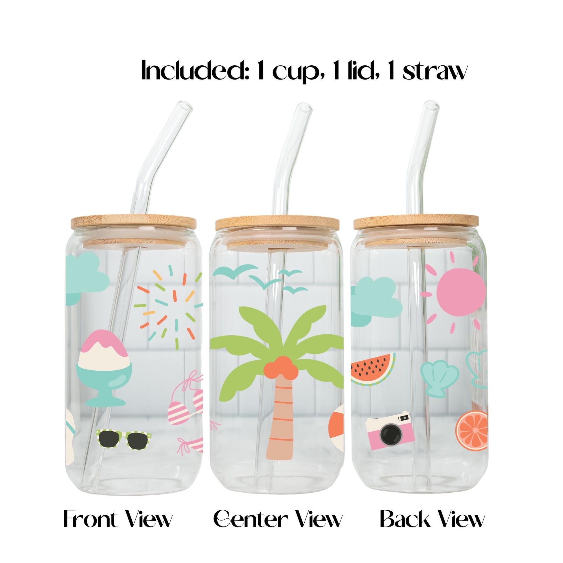 Summer Iced Coffee Glass Cup with Bamboo Lid and Glass Straw, Beach Iced Coffee Libbey Glass, Flamingo Watermelon Drinkware