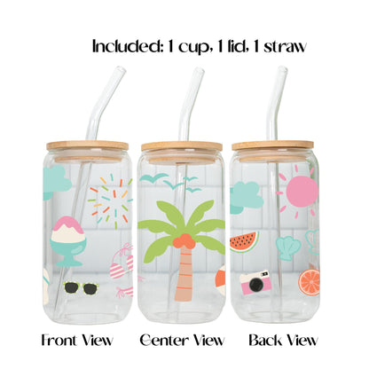 Summer Iced Coffee Glass Cup with Bamboo Lid and Glass Straw, Beach Iced Coffee Libbey Glass, Flamingo Watermelon Drinkware