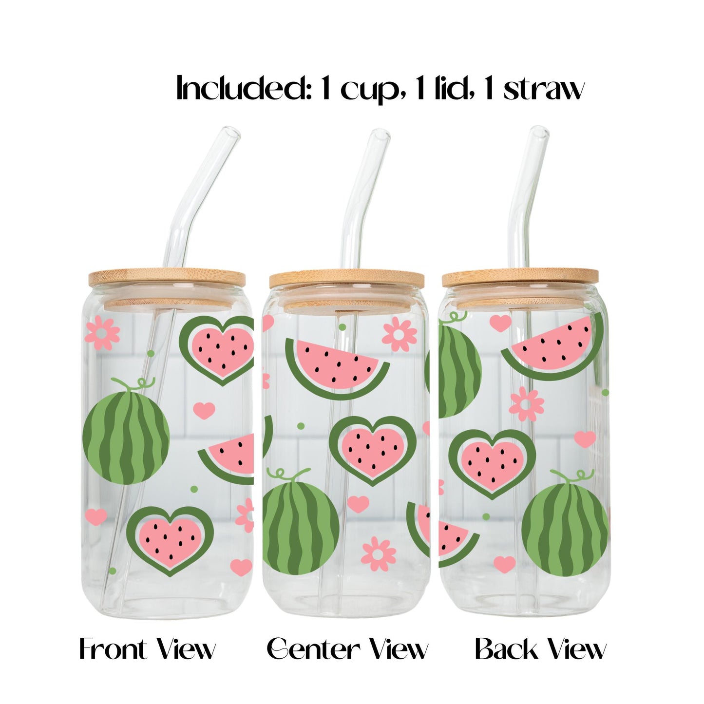 Summer Iced Coffee Glass Cup with Bamboo Lid and Glass Straw, Beach Iced Coffee Libbey Glass, Flamingo Watermelon Drinkware