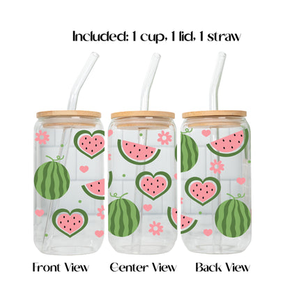 Summer Iced Coffee Glass Cup with Bamboo Lid and Glass Straw, Beach Iced Coffee Libbey Glass, Flamingo Watermelon Drinkware