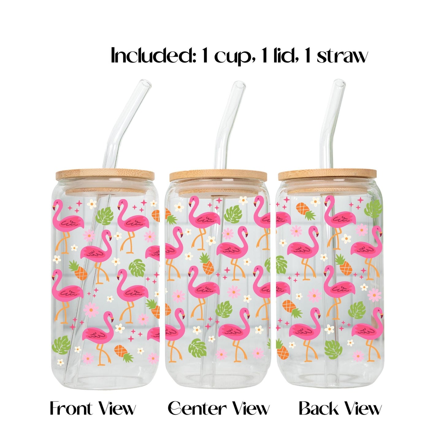 Summer Iced Coffee Glass Cup with Bamboo Lid and Glass Straw, Beach Iced Coffee Libbey Glass, Flamingo Watermelon Drinkware
