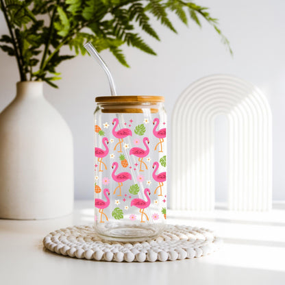 🦩 Flamingo Design
Pink flamingo iced coffee glass cup with bamboo lid and glass straw, tropical summer Libbey style glass tumbler