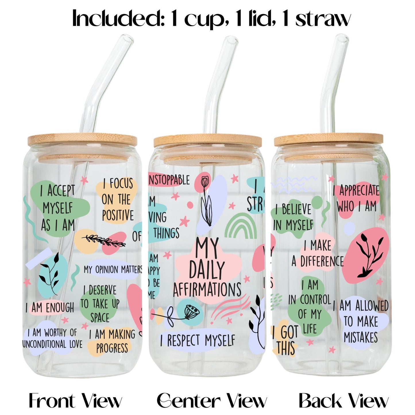 Motivational Affirmation Glass Tumbler, Self Love and Mental Health Cup with Bamboo Lid and Glass Straw, Positive Quotes Drinkware