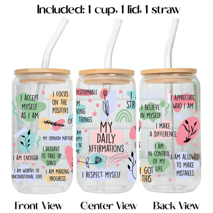Motivational Affirmation Glass Tumbler, Self Love and Mental Health Cup with Bamboo Lid and Glass Straw, Positive Quotes Drinkware