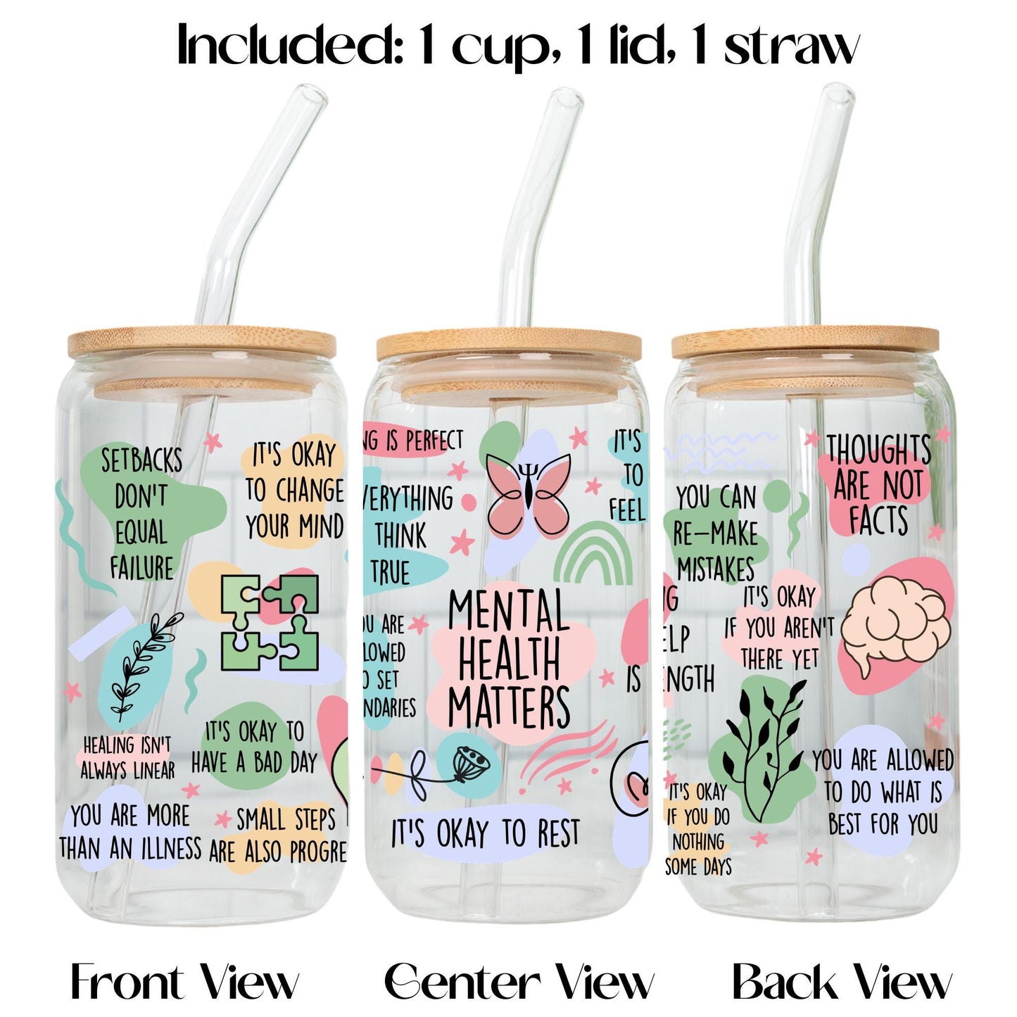 Motivational Affirmation Glass Tumbler, Self Love and Mental Health Cup with Bamboo Lid and Glass Straw, Positive Quotes Drinkware