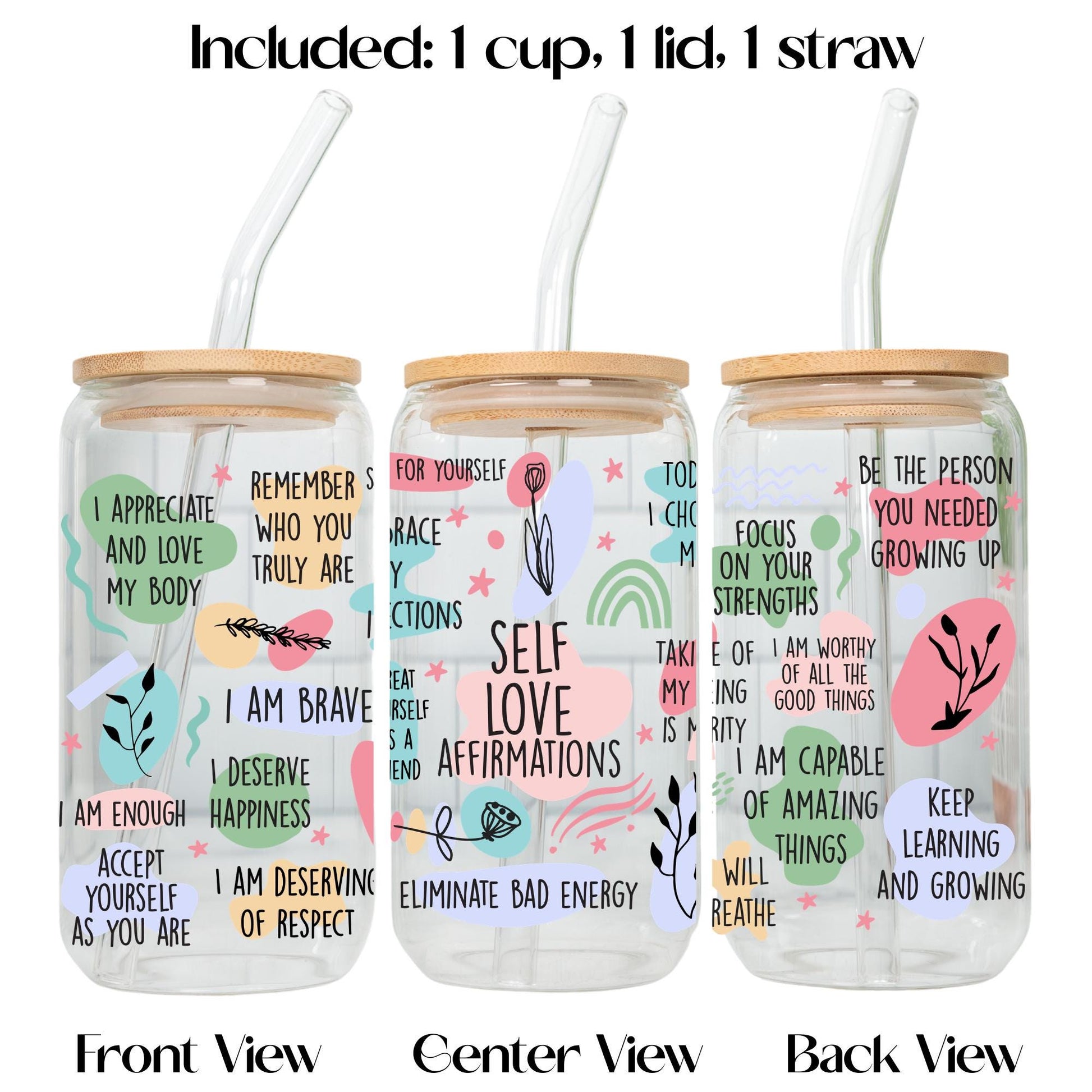 Motivational Affirmation Glass Tumbler, Self Love and Mental Health Cup with Bamboo Lid and Glass Straw, Positive Quotes Drinkware