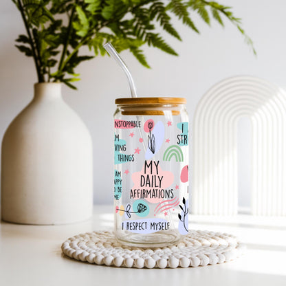 Daily affirmations glass cup with colorful motivational quotes, 20 oz glass can tumbler with bamboo lid and glass straw, positive mindset gift, self confidence drinkware