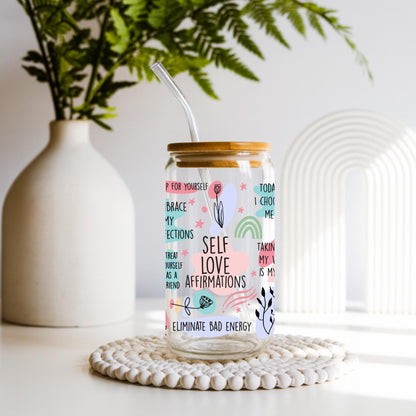 Self love affirmations glass cup with colorful positive quotes, 20 oz glass can tumbler with bamboo lid and glass straw, self care gift, motivational aesthetic drinkware