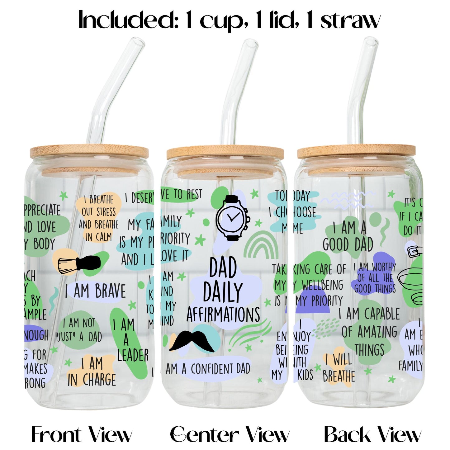 Affirmation Glass Cup for Mom Dad or Kids, Positive Affirmation Tumbler with Bamboo Lid and Glass Straw