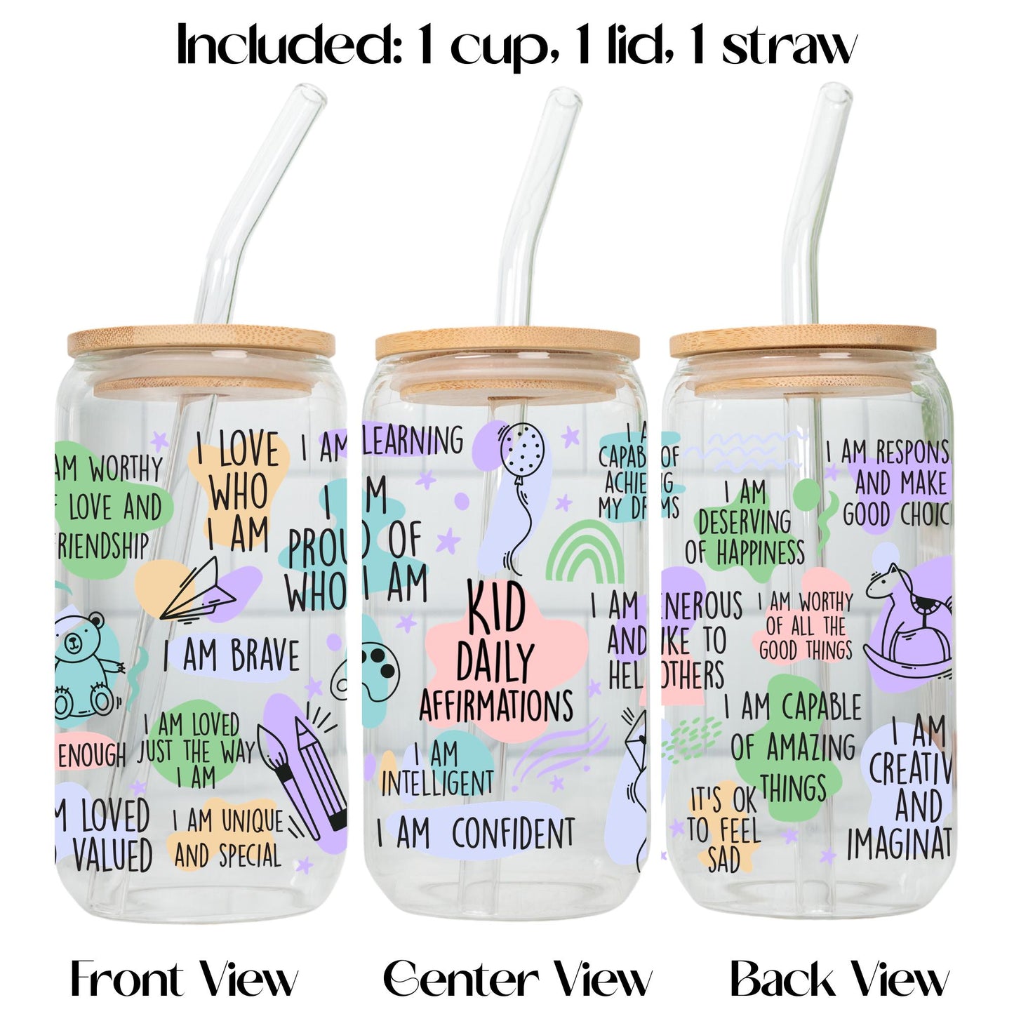 Affirmation Glass Cup for Mom Dad or Kids, Positive Affirmation Tumbler with Bamboo Lid and Glass Straw