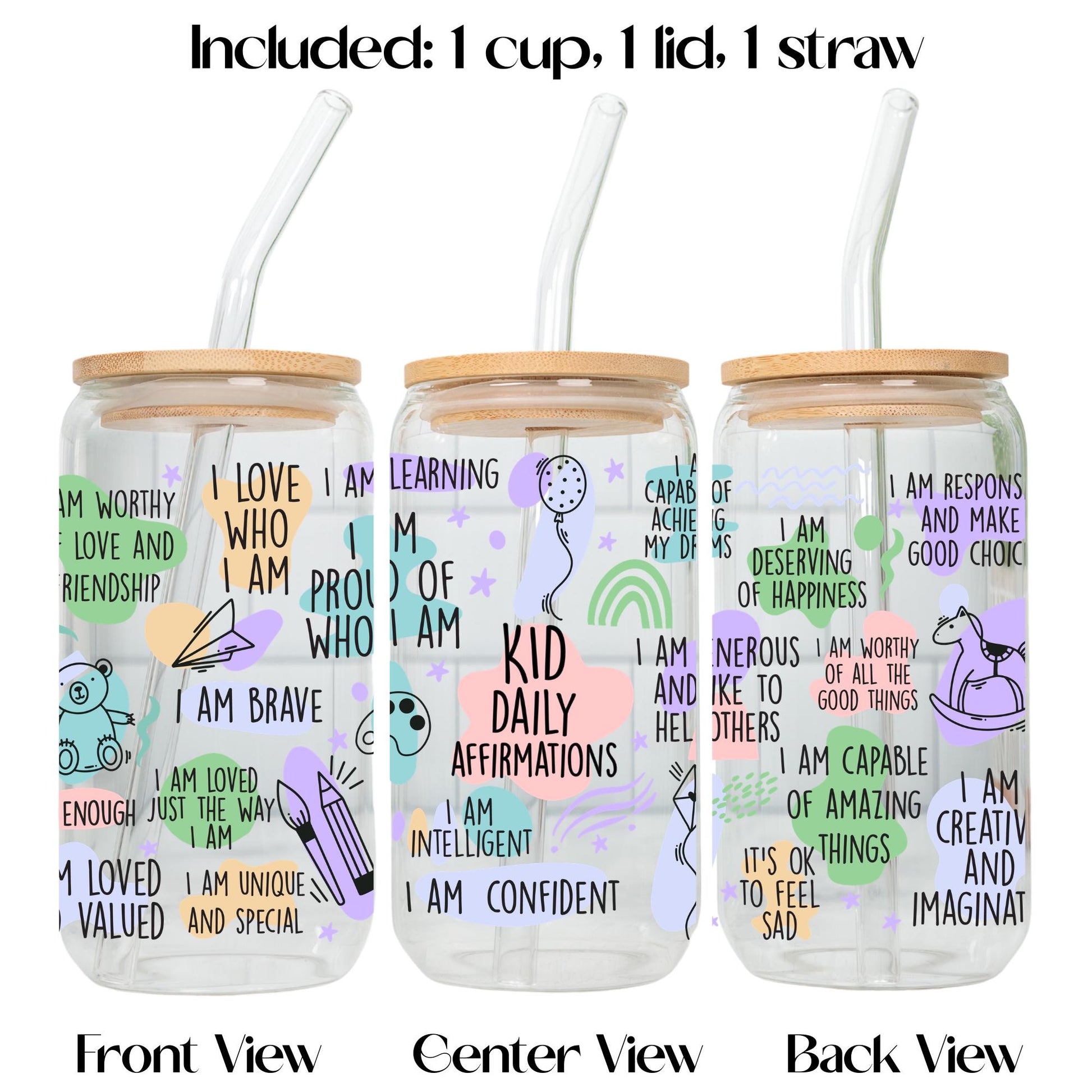 Affirmation Glass Cup for Mom Dad or Kids, Positive Affirmation Tumbler with Bamboo Lid and Glass Straw