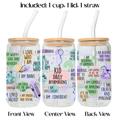 Affirmation Glass Cup for Mom Dad or Kids, Positive Affirmation Tumbler with Bamboo Lid and Glass Straw