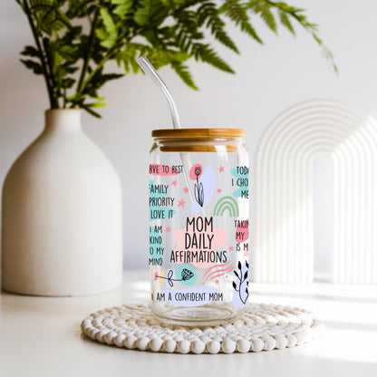 Mom daily affirmations glass cup with colorful motivational quotes, 20 oz glass tumbler with bamboo lid and glass straw, positive affirmations gift for moms