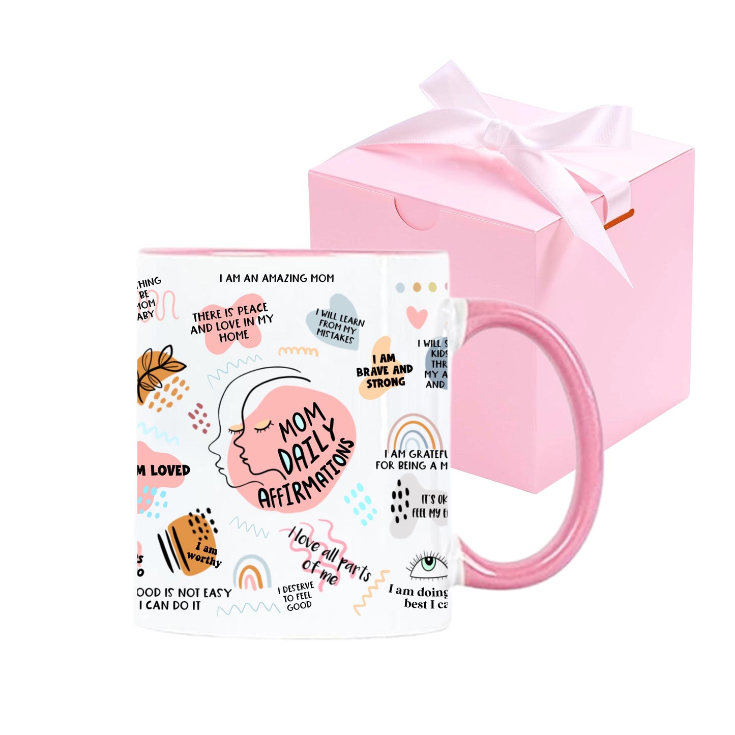 Mom Daily Affirmations Ceramic Mug, Pink Self Care Coffee Cup (12 Ounces)