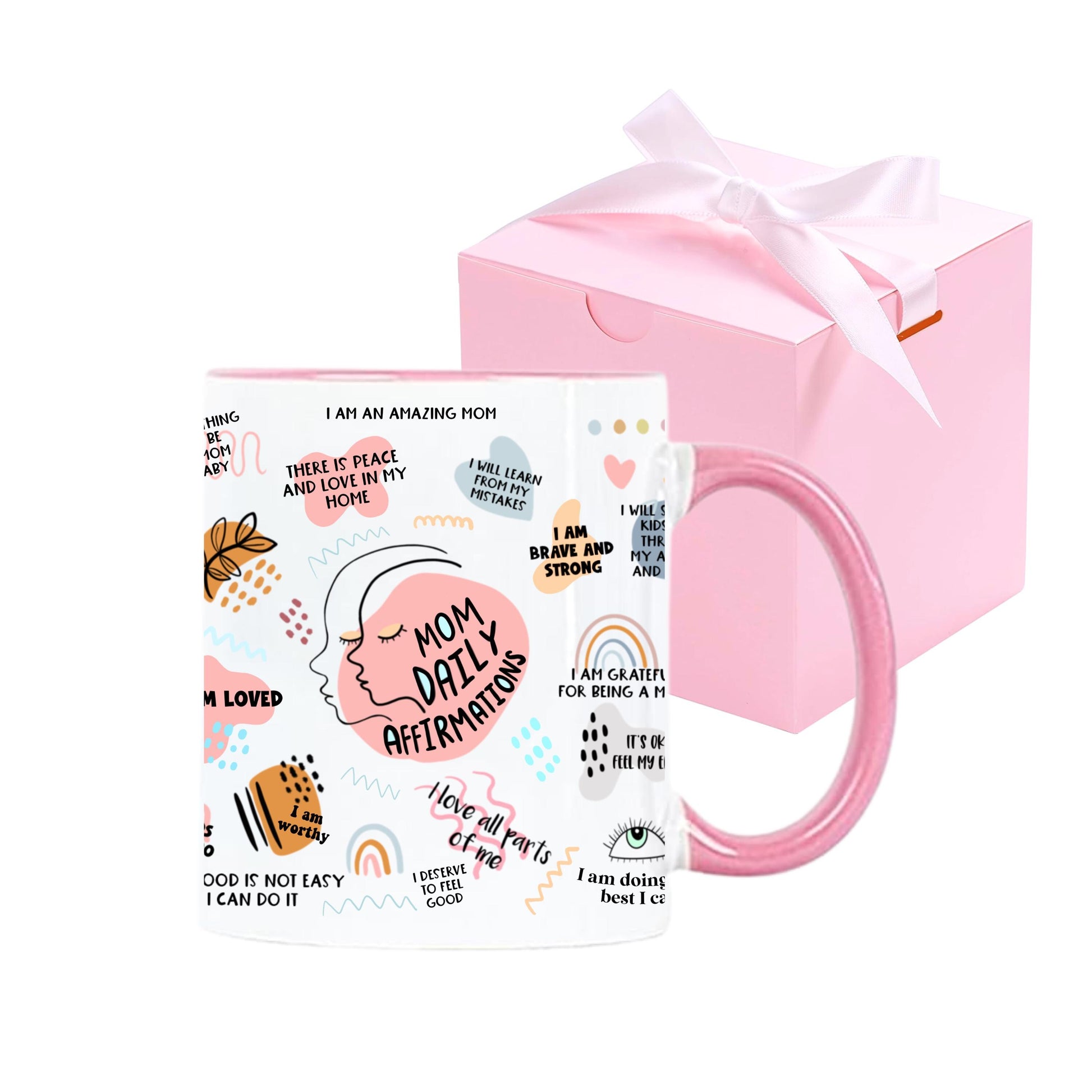 Mom Daily Affirmations Ceramic Mug, Pink Self Care Coffee Cup (12 Ounces)