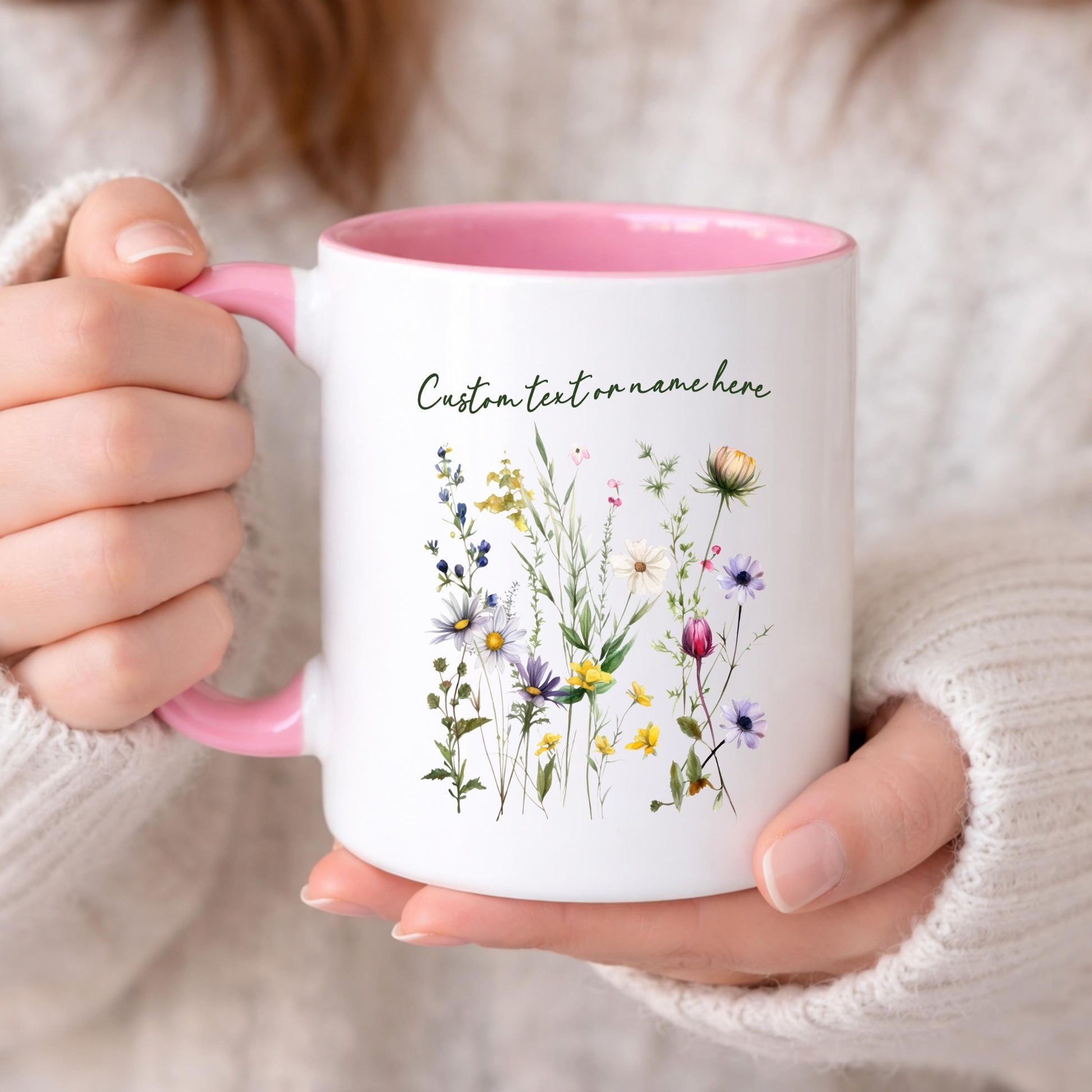 Personalized Floral Mug, Pink Handle Coffee Cup, Custom Name Gift